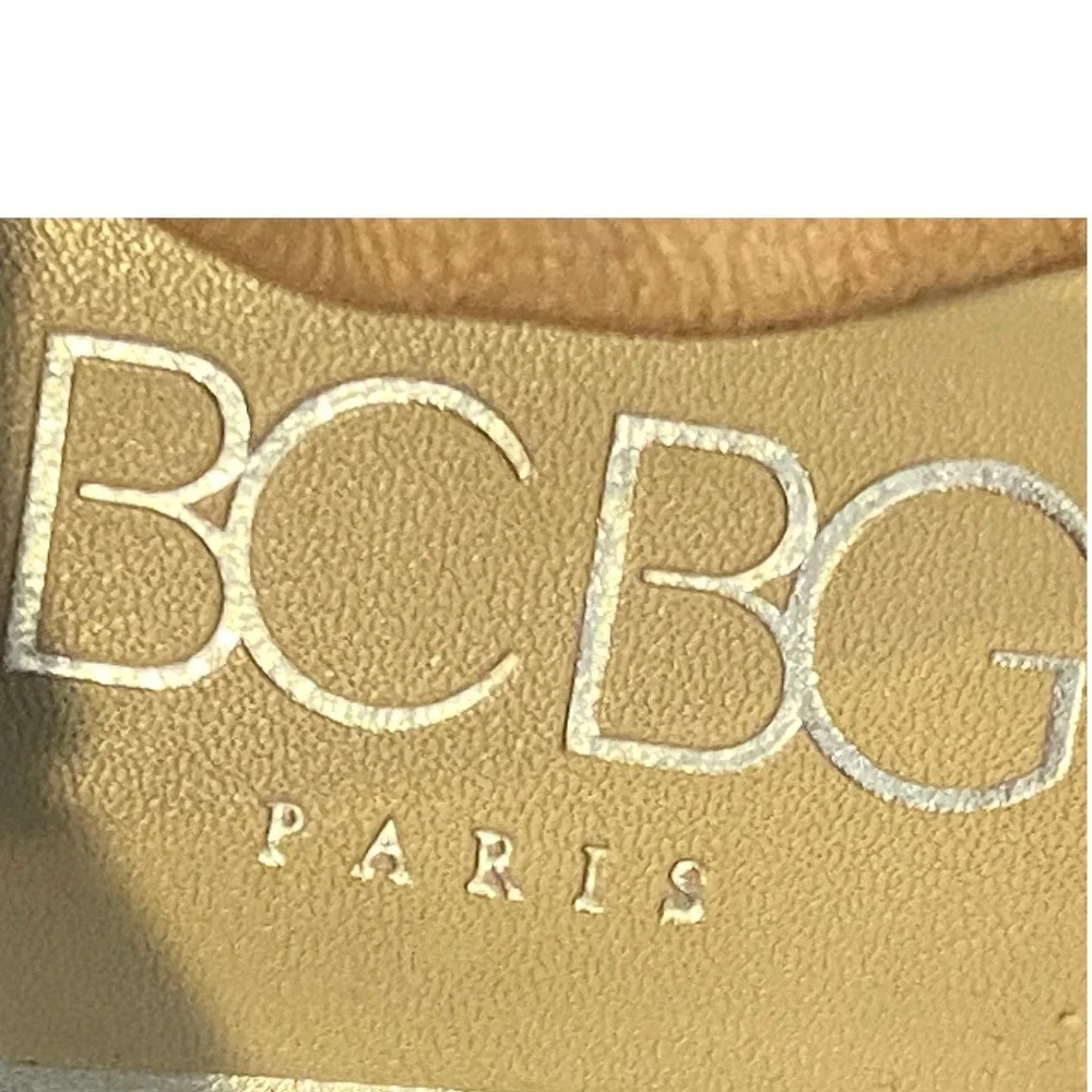 BCBG Paris Knotted Wedge Leather Sandals Cork/Wood Platform Sz 9.5 Beige #332L